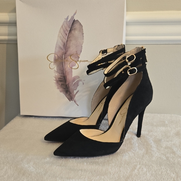 Black Suede Ankle Strap Heels - Picture 1 of 11